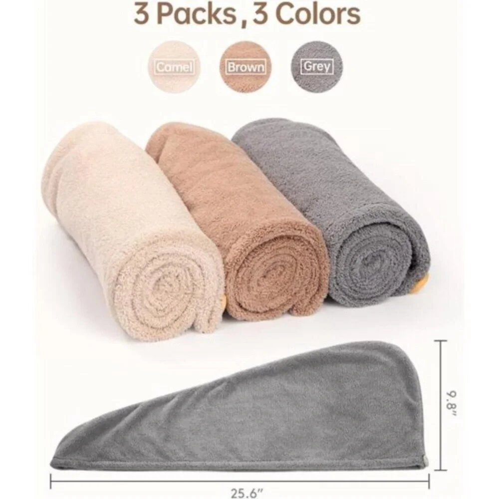 3 Pack Hair Drying Towels, Hair Towel with Button, Super Absorbent